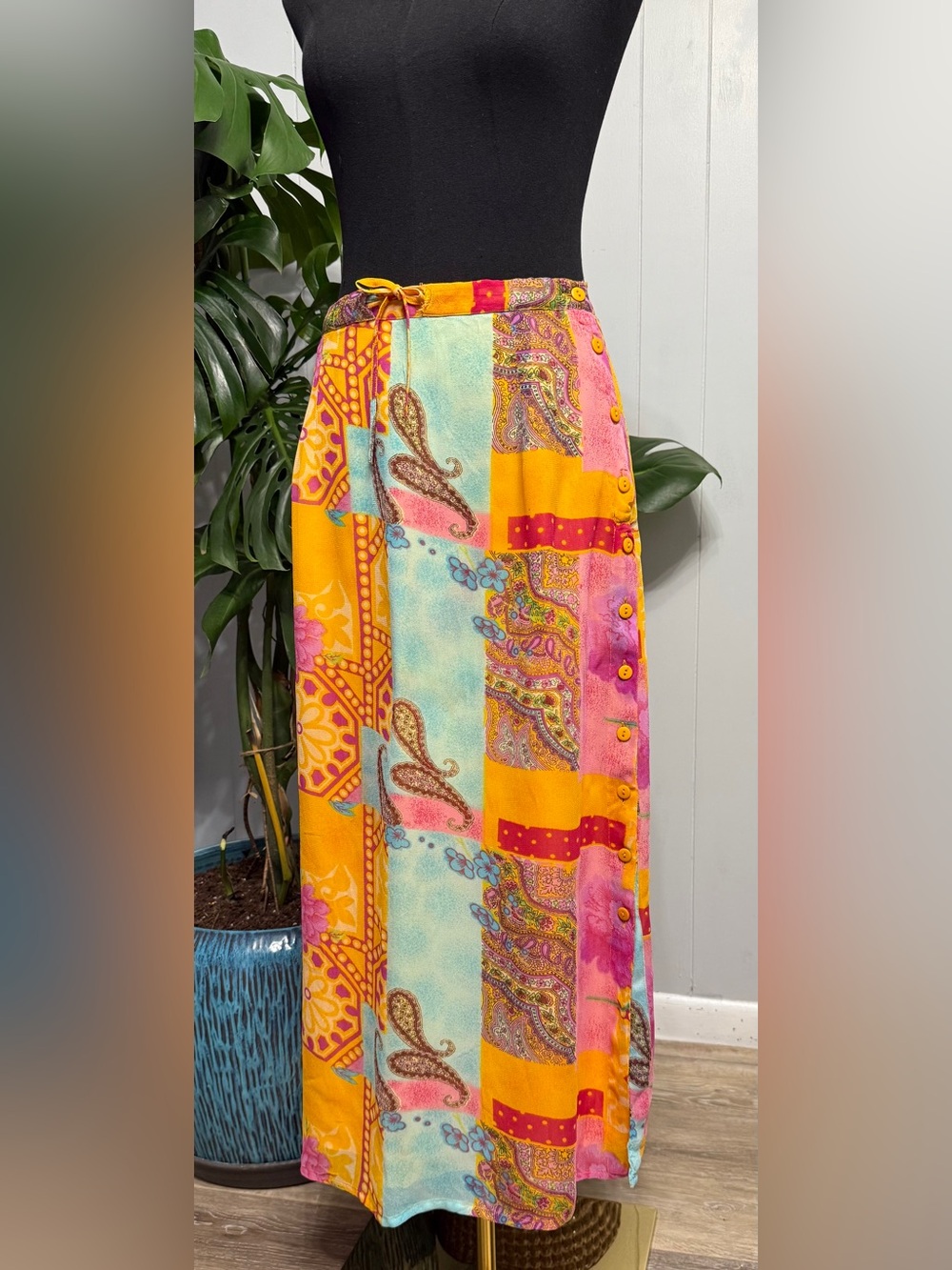 Vintage Patchwork Midi Sheer Skirt in Yellow Pink Multi - Picture 3 of 9